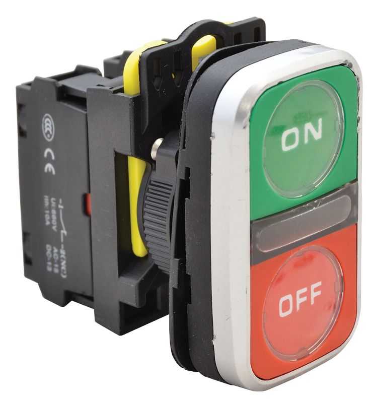 Tracon NYG3-DL2 Kettős világító BE-KI nyomógomb,ON-OFF,zöld+piros 1×NO+1×NC,5A/230V AC-15,IP65,LED 230V AC/DC