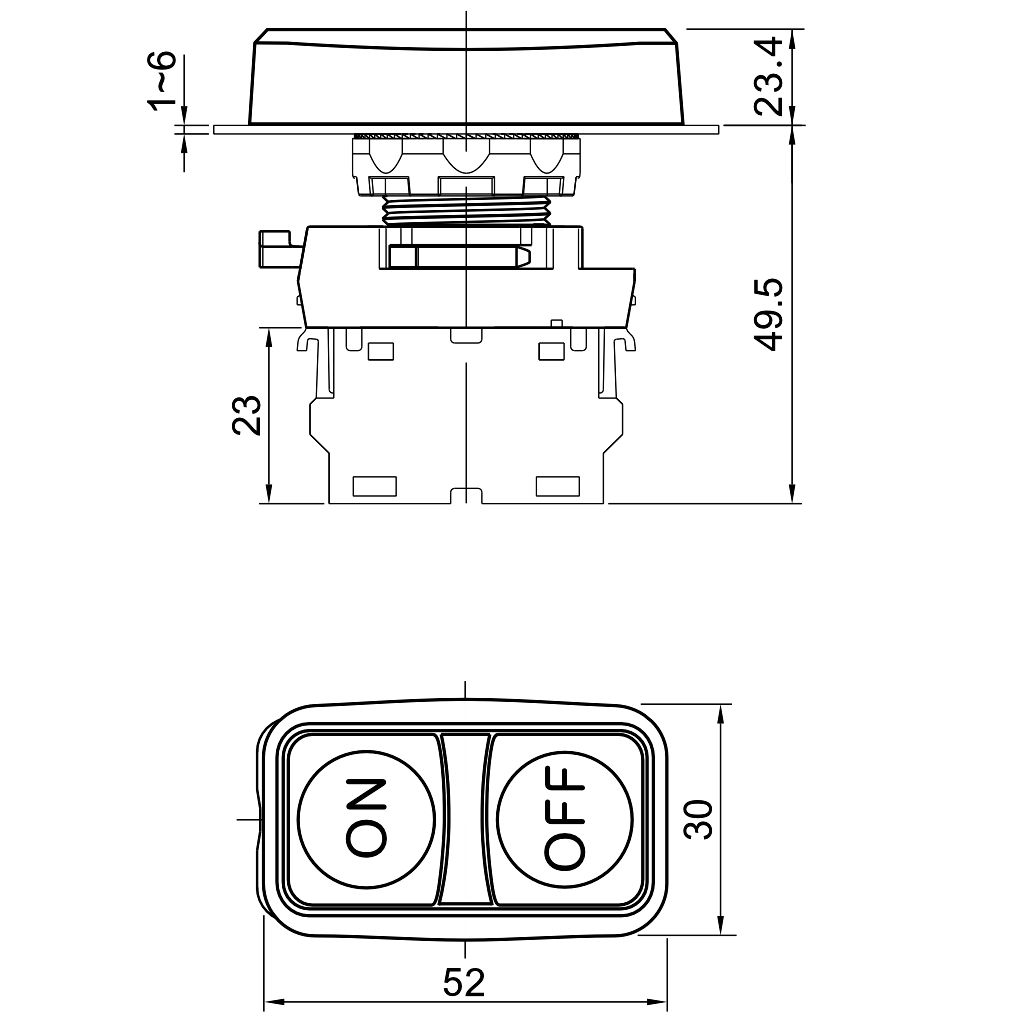 Tracon NYG3-DL2 Kettős világító BE-KI nyomógomb,ON-OFF,zöld+piros 1×NO+1×NC,5A/230V AC-15,IP65,LED 230V AC/DC - Image 2