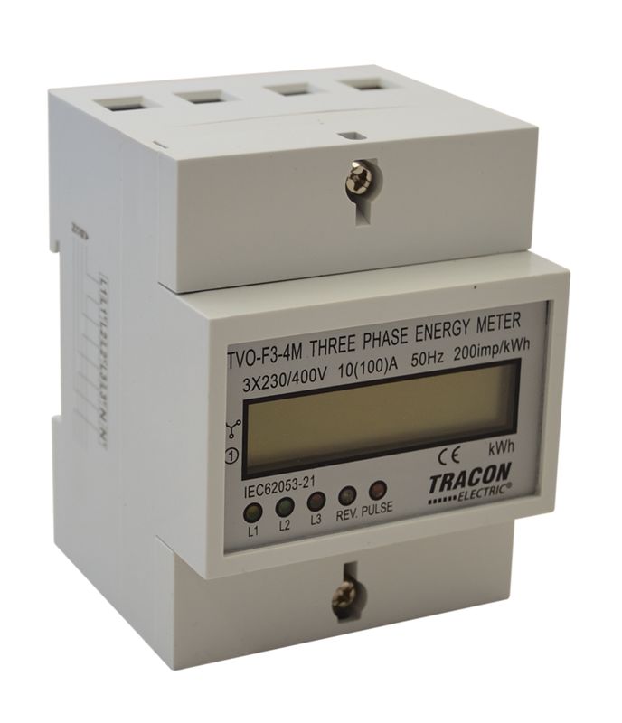 Tracon TVO-F3-4M LCD kijelzésű fogyasztásmérő,közvetlen,3 fázisú,4 modul 400V / 10 A Pd=3W