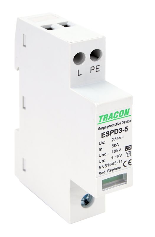 Tracon ESPD3-5-1+1P T3 AC típusú túlfeszültség levezető,egybeépített Uc:275V; In:5kA; Uoc:10kV; Up:1,2kV; 1+1P