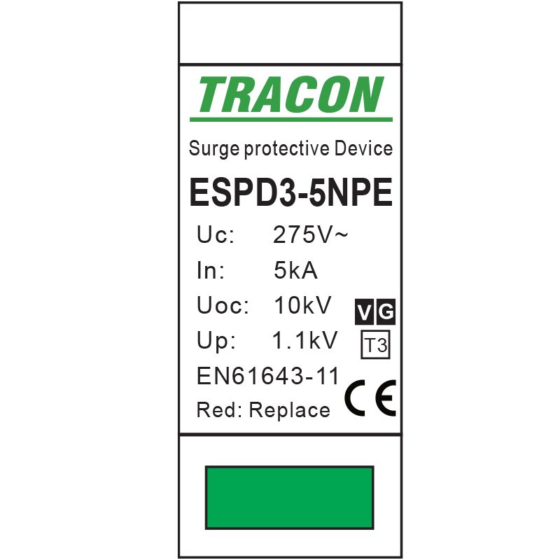 Tracon ESPD3-5-1+1P T3 AC típusú túlfeszültség levezető,egybeépített Uc:275V; In:5kA; Uoc:10kV; Up:1,2kV; 1+1P - Image 3