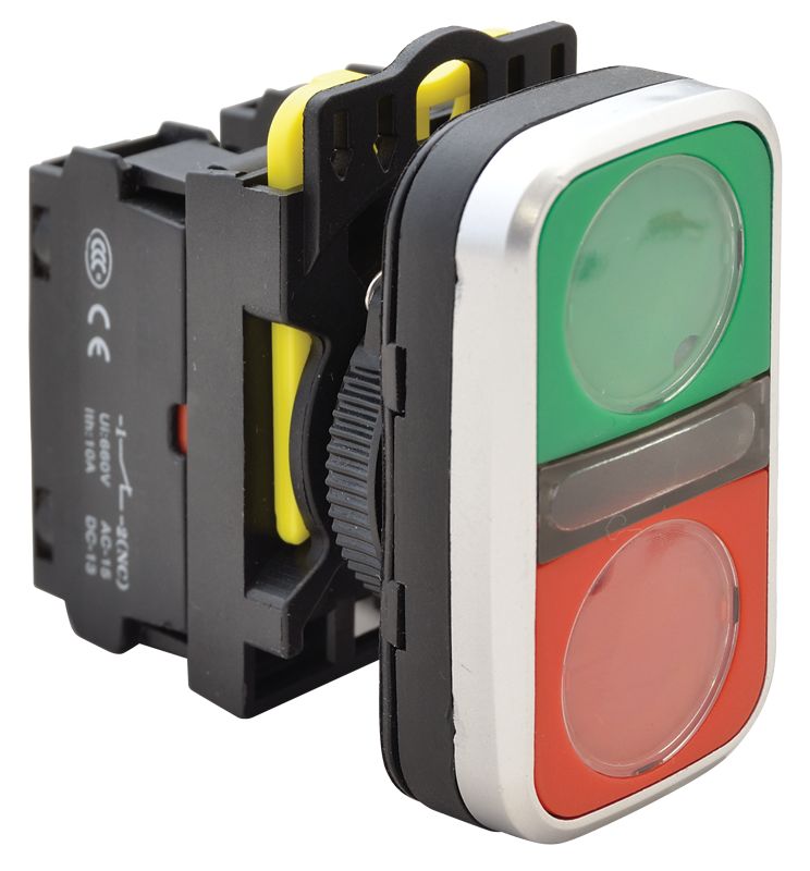 Tracon NYG3-D Kettős BE-KI nyomógomb,zöld+piros 1×NO+1×NC,5A/230V AC-15,IP65