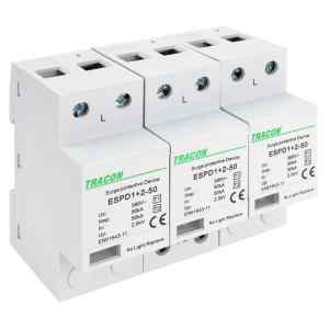 Tracon ESPD1+2-50-3P T1+T2 AC típusú túlfeszültséglevezető,egybeépített Uc:385V; Iimp:50kA; In:50kA; Imax:160kA; Up:2,5kV; 3P