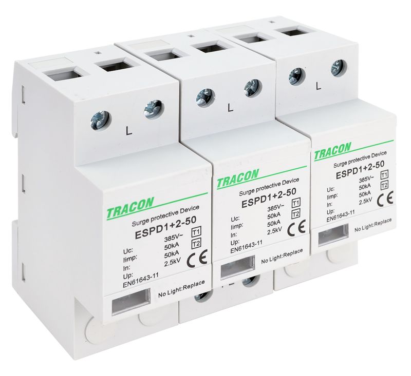 Tracon ESPD1+2-50-3P T1+T2 AC típusú túlfeszültséglevezető,egybeépített Uc:385V; Iimp:50kA; In:50kA; Imax:160kA; Up:2,5kV; 3P