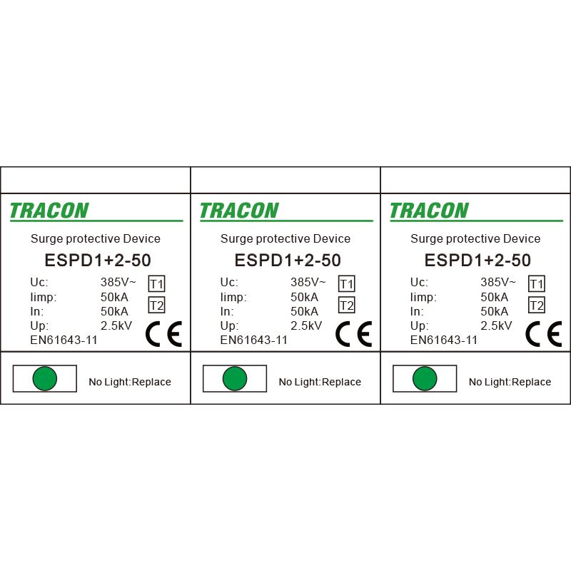 Tracon ESPD1+2-50-3P T1+T2 AC típusú túlfeszültséglevezető,egybeépített Uc:385V; Iimp:50kA; In:50kA; Imax:160kA; Up:2,5kV; 3P - Image 2