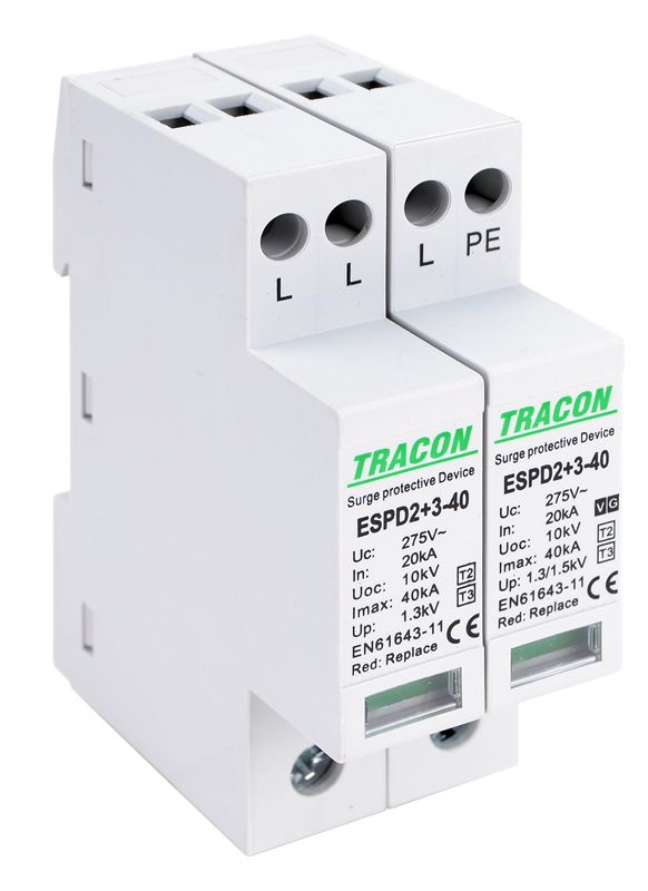 Tracon ESPD2+3-40-3+1P T2+T3 AC típusú túlfeszültséglevezető,egybeépített Uc:275V; In:20kA; Imax40kA; Uoc:10kV; Up:1,3/1,5kV; 3+1P