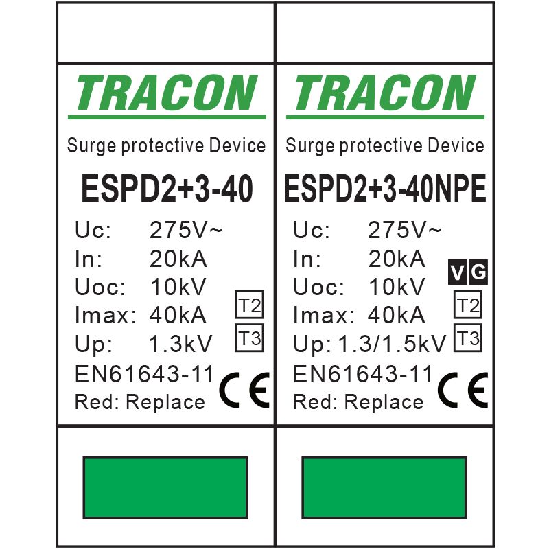 Tracon ESPD2+3-40-3+1P T2+T3 AC típusú túlfeszültséglevezető,egybeépített Uc:275V; In:20kA; Imax40kA; Uoc:10kV; Up:1,3/1,5kV; 3+1P - Image 2