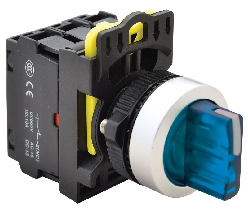 Tracon NYK3-SL34B Világítókaros kapcsoló,kék,LED,háromállású,rugóvissza 1×NO+1×NC,5A/230V AC-15,IP65,LED 230V AC/DC