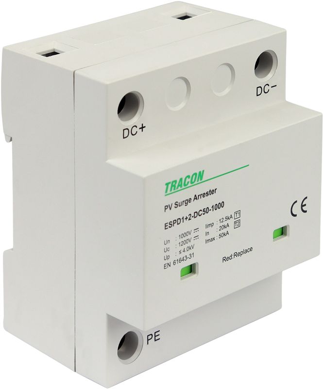 Tracon ESPD1+2-DC50-1000 T1+T2 DC típusú túlfeszültséglevezető,egybeépített Ucpv: 1200V; Iimp:12,5kA; In:20kA; Imax:50kA; Up:4kV