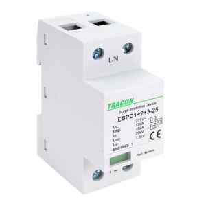 Tracon ESPD1+2+3-25-1P T1+T2+T3 AC típusú túlfeszültség levezető,egybeépített Uc:275V; Iimp:25kA; In:25kA; Uoc:20kV; Up:1,3kV; 1P