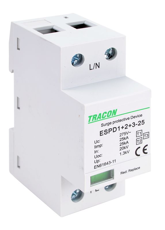 Tracon ESPD1+2+3-25-1P T1+T2+T3 AC típusú túlfeszültség levezető,egybeépített Uc:275V; Iimp:25kA; In:25kA; Uoc:20kV; Up:1,3kV; 1P