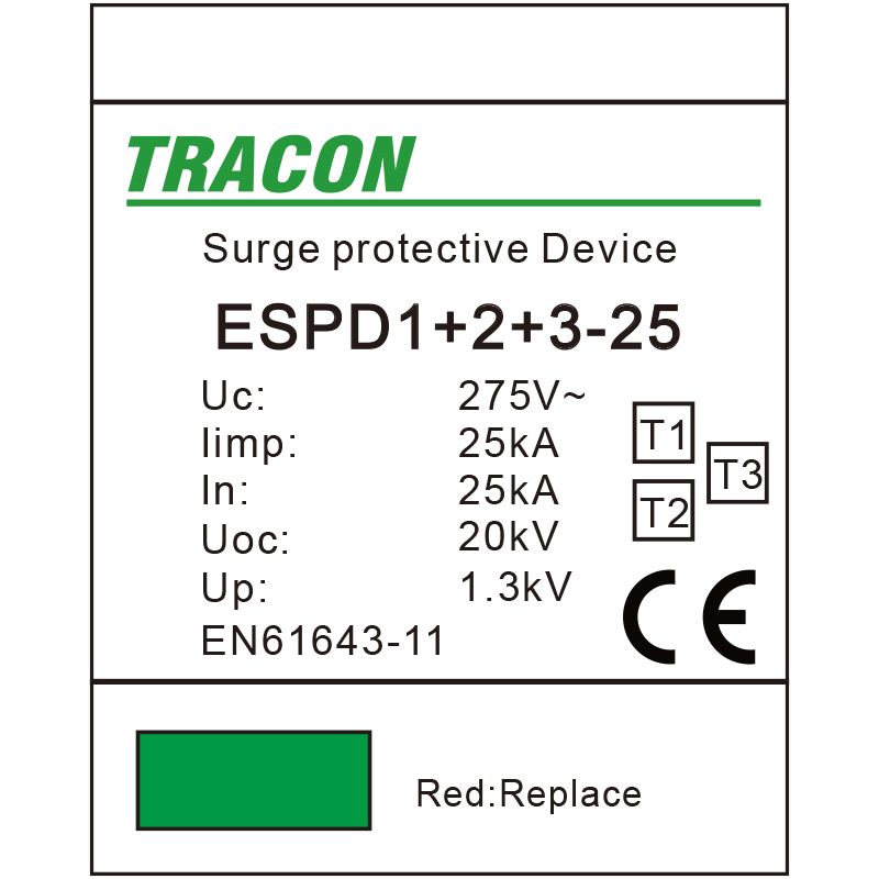 Tracon ESPD1+2+3-25-1P T1+T2+T3 AC típusú túlfeszültség levezető,egybeépített Uc:275V; Iimp:25kA; In:25kA; Uoc:20kV; Up:1,3kV; 1P - Image 2