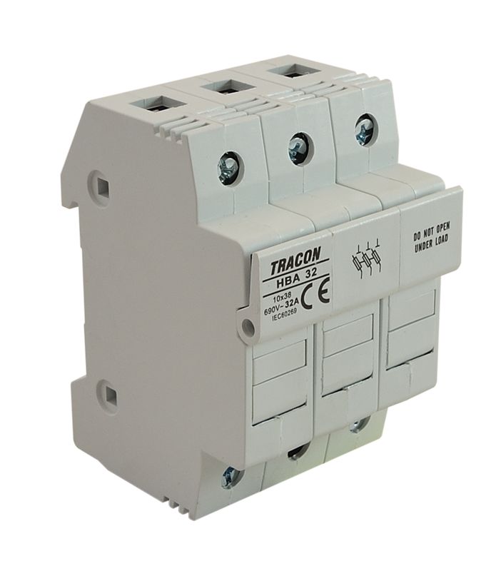 Tracon HBA-3P-32 Szakaszolókapcsoló-biztosítóhengeres bizt.hoz,maszkolható 32A,10x38mm; Un=230V/400V