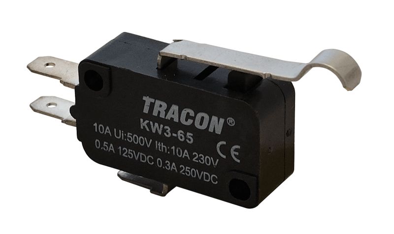 Tracon KW3-65 Helyzetkapcsoló,mikro,íves-rugószár 1×CO 10A/230VAC,0,3A/250VDC,28mm,4,8x0,5 mm,IP00