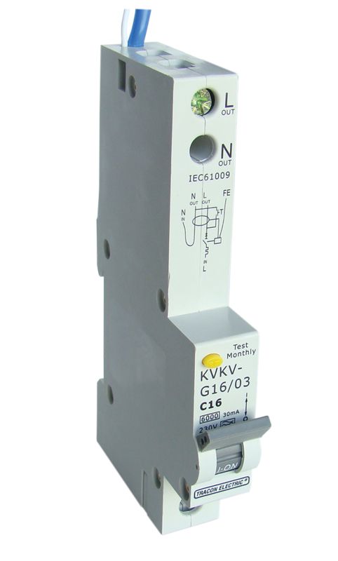 Tracon KVKV-G16/100 Kombinált védőkapcsoló,2P,1 modul,C karakterisztika 16A,100mA,6kA,A/AC,E3