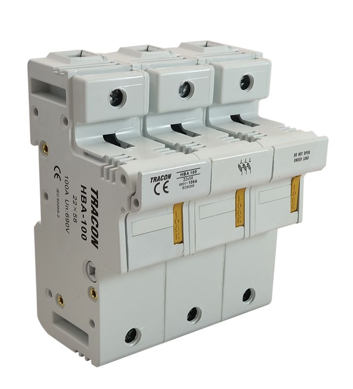 Tracon HBA-3P-100 Szakaszolókapcsoló-biztosítóhengeres bizt.hoz,maszkolható 100A,22x58mm; Un=230V/400V