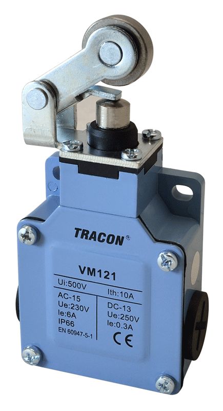 Tracon VM121 Helyzetkapcsoló,karos-görgős fémházas 1xNO+1xNC,6A/230V AC-15,0,3A/250V DC-13,IP66