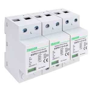Tracon ESPD1+2+3-25-3P T1+T2+T3 AC típusú túlfeszültség levezető,egybeépített Uc:275V; Iimp:25kA; In:25kA; Uoc:20kV; Up:1,3kV; 3P
