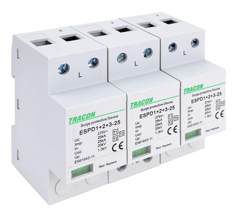 Tracon ESPD1+2+3-25-3P T1+T2+T3 AC típusú túlfeszültség levezető,egybeépített Uc:275V; Iimp:25kA; In:25kA; Uoc:20kV; Up:1,3kV; 3P