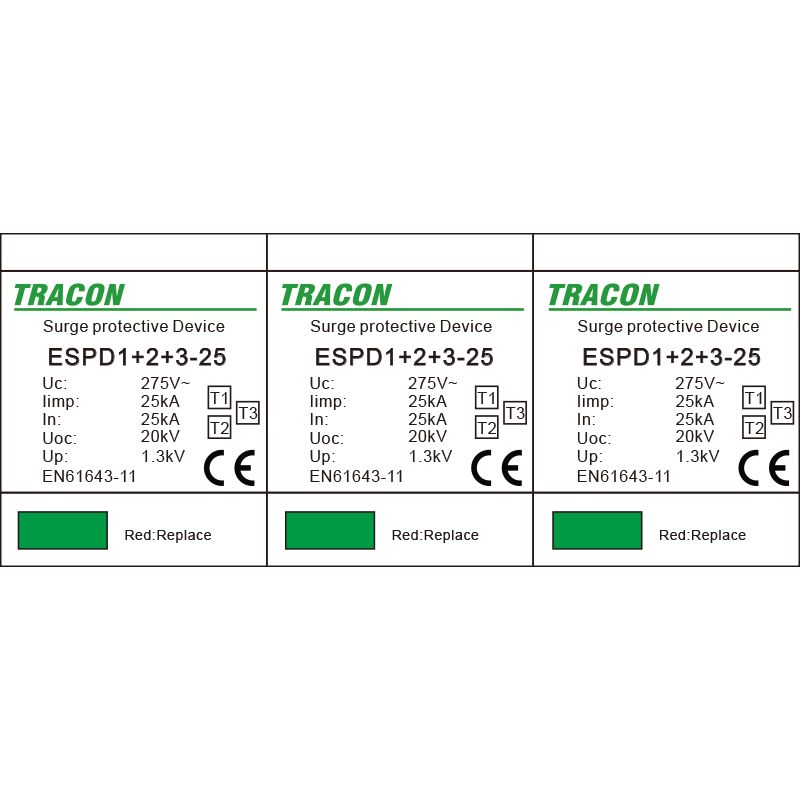 Tracon ESPD1+2+3-25-3P T1+T2+T3 AC típusú túlfeszültség levezető,egybeépített Uc:275V; Iimp:25kA; In:25kA; Uoc:20kV; Up:1,3kV; 3P - Image 2