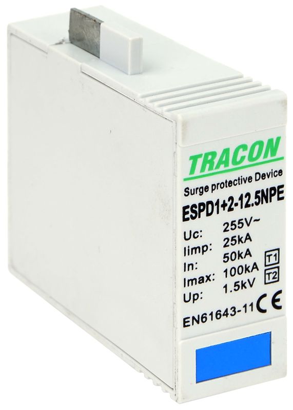 Tracon ESPD1+2-12.5NPE T1+T2 AC típusú túlfeszültséglevezető betét 12.5 NPE Uc:275V; Iimp:12,5kA; In:20/40kA; Imax:50kA; Up:1,3kV