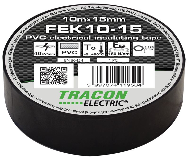 Tracon FEK10-15 Szigetelőszalag,fekete 10m×15mm,PVC,0-90°C,40kV/mm