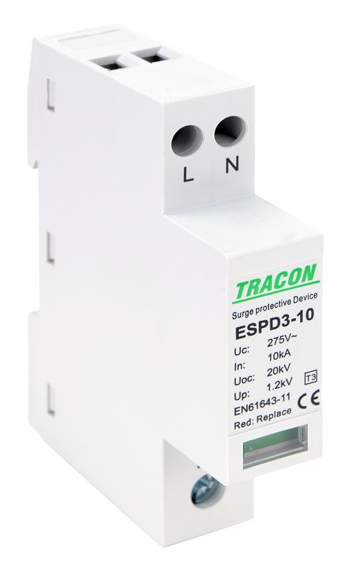 Tracon ESPD3-10-2P T3 AC típusú túlfeszültség levezető,egybeépített Uc:275V; In:10kA; Uoc:20kV; Up:1,2kV; 2P