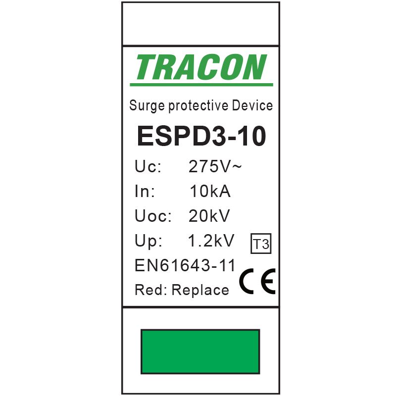 Tracon ESPD3-10-2P T3 AC típusú túlfeszültség levezető,egybeépített Uc:275V; In:10kA; Uoc:20kV; Up:1,2kV; 2P - Image 2