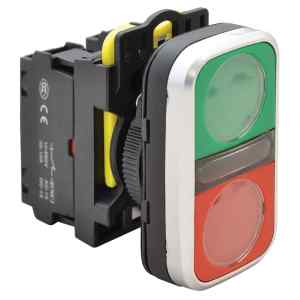 Tracon NYG3-DL Kettős világító BE-KI nyomógomb,zöld+piros 1×NO+1×NC,5A/230V AC-15,IP65,LED 230V AC/DC