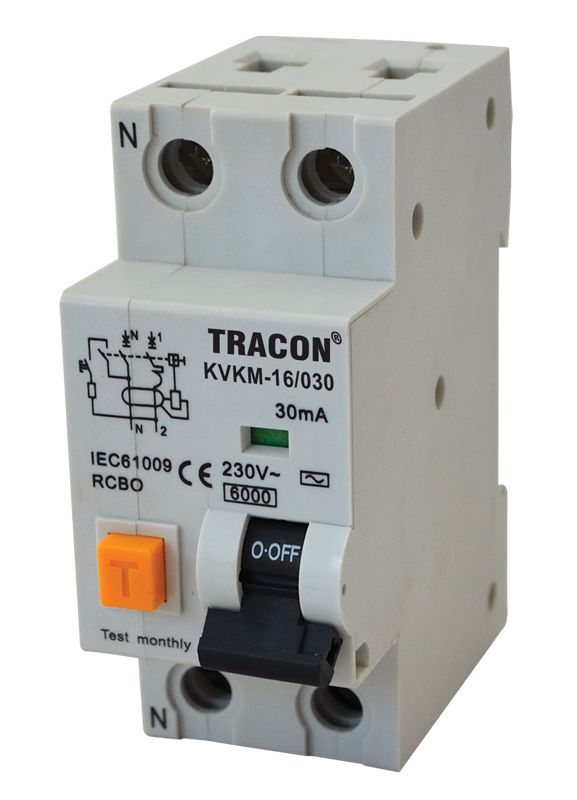 Tracon KVKMB-16/030 Kombinált védőkapcsoló,2P,2 modul,B karakterisztika 16A,30 mA,6kA,AC