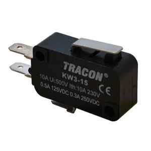Tracon KW3-15 Helyzetkapcsoló,mikro,rugószáras 1×CO 10A/230VAC,0,3A/250VDC,15mm,4,8x0,5 mm,IP00
