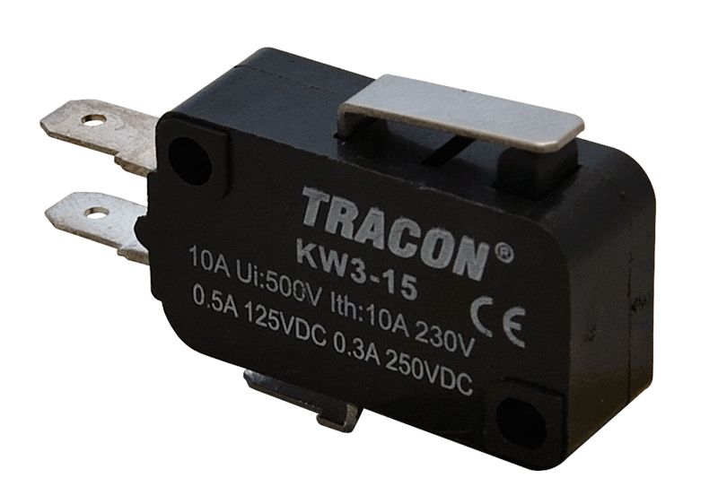 Tracon KW3-15 Helyzetkapcsoló,mikro,rugószáras 1×CO 10A/230VAC,0,3A/250VDC,15mm,4,8x0,5 mm,IP00