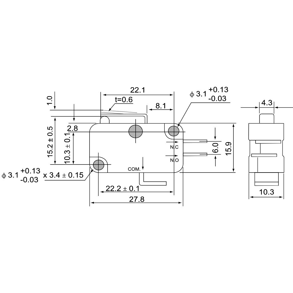 Tracon KW3-15 Helyzetkapcsoló,mikro,rugószáras 1×CO 10A/230VAC,0,3A/250VDC,15mm,4,8x0,5 mm,IP00 - Image 2