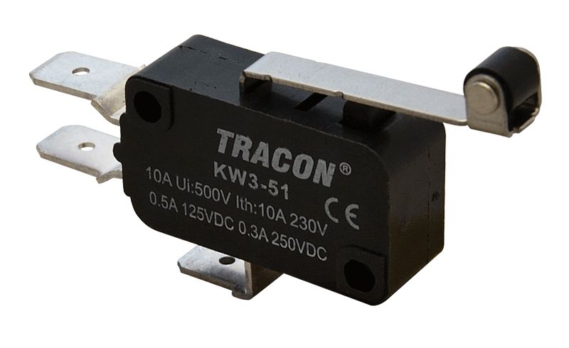 Tracon KW3-51 Helyzetkapcsoló,mikro,karos-görgős 1×CO 10A/230VAC,0,3A/250VDC,28mm,6,3x0,8 mm,IP00