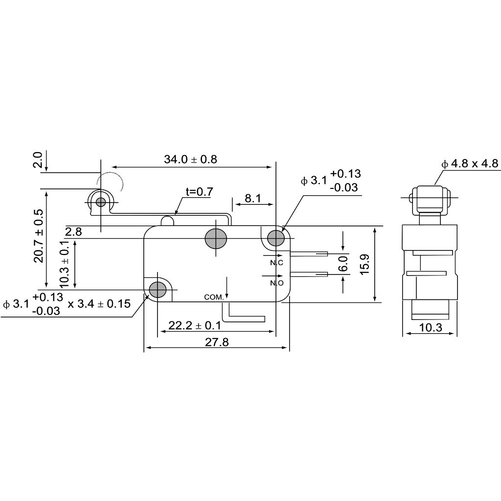 Tracon KW3-51 Helyzetkapcsoló,mikro,karos-görgős 1×CO 10A/230VAC,0,3A/250VDC,28mm,6,3x0,8 mm,IP00 - Image 2