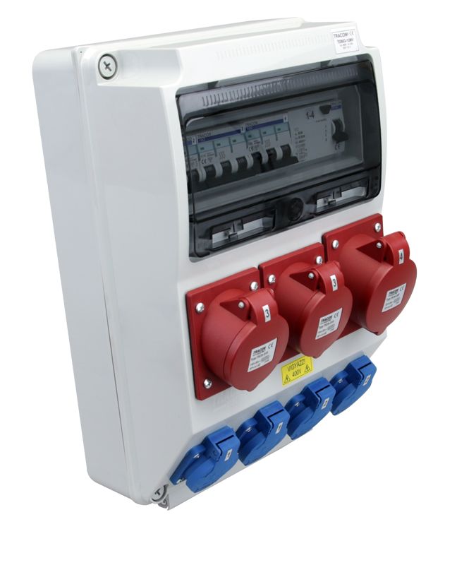 Tracon TDB03-12MV Csatlakozó doboz védelemmel,vezetékezett,készre szerelt Prot.:RCCB,MCB,Out:4×SCHUKO+2×16A+1×32A