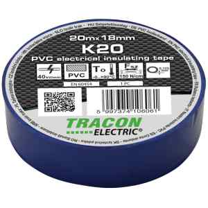 Tracon K20 Szigetelőszalag,kék 20m×18mm,PVC,0-90°C,40kV/mm