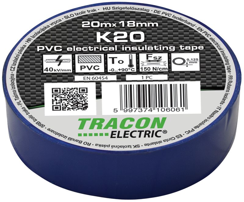 Tracon K20 Szigetelőszalag,kék 20m×18mm,PVC,0-90°C,40kV/mm