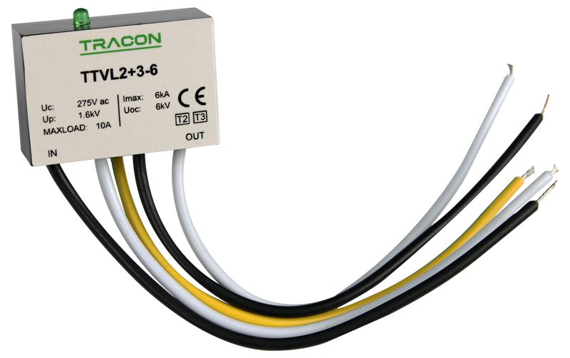 Tracon TTVL2+3-6 Túlfeszültség levezető Un=230-275VAC,3/6kA,Up=1,5kV,IP20