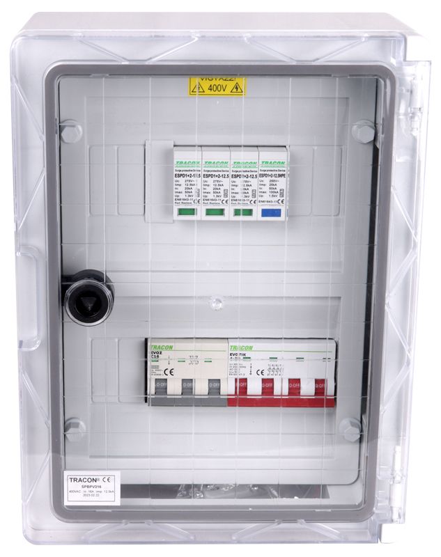 Tracon SPBPV316 Túlfeszültség-védelmi doboz fotovoltaikus rendszerekhez 330×250×130mm,IP65,IK10,AC1+2,400V,In:16A,Iimp:12.5kA