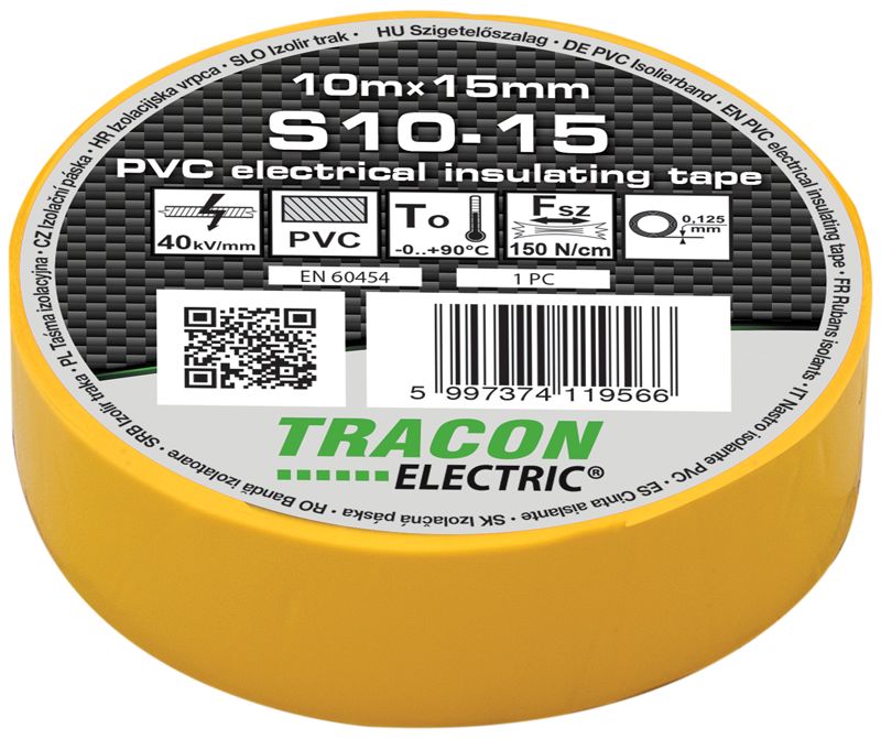 Tracon S10-15 Szigetelőszalag,sárga 10m×15mm,PVC,0-90°C,40kV/mm