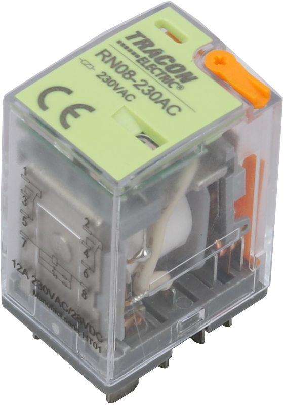 Tracon RN08-110DC Miniatűr teljesítményrelé tesztgombbal és állapotjelzéssel 110V DC / 2×CO