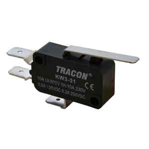 Tracon KW3-31 Helyzetkapcsoló,mikro,rugószáras 1×CO 10A/230VAC,0,3A/250VDC,28mm,6,3x0,8 mm,IP00