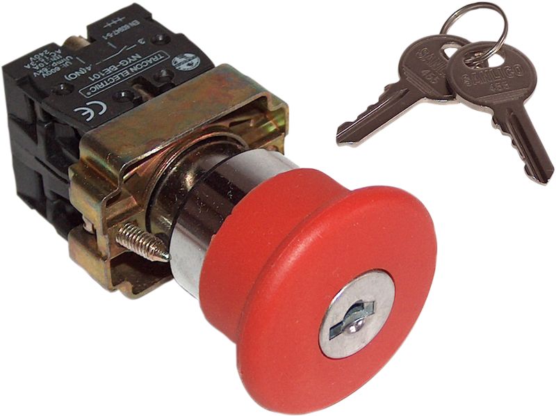 Tracon NYGBS9445PTS Tok.reteszelt gombafejű vészgomb,piros,sárga fed.,elford. 1×NC+1×NO,3A/400V AC,IP44,d=40mm