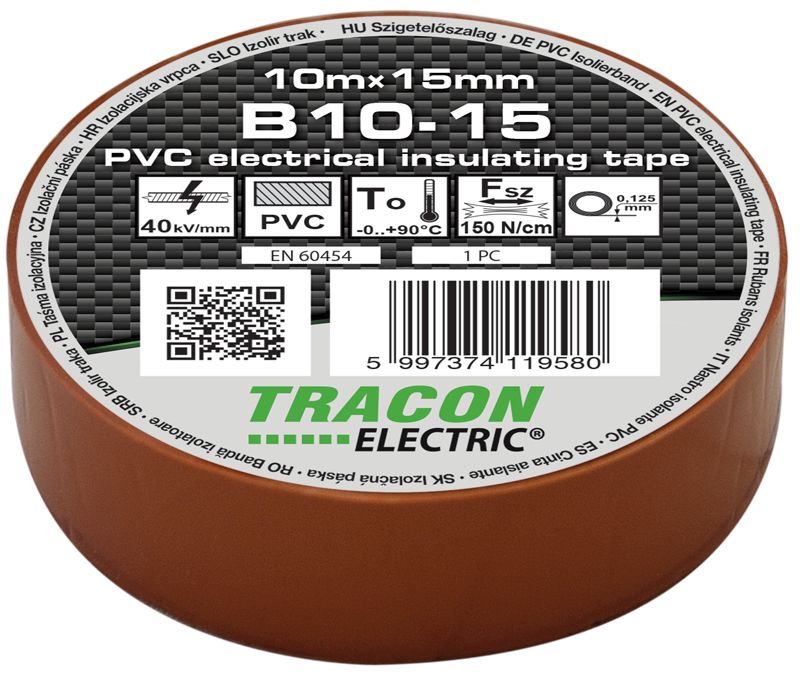 Tracon B10-15 Szigetelőszalag,barna 10m×15mm,PVC,0-90°C,40kV/mm