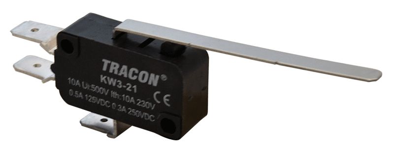 Tracon KW3-21 Helyzetkapcsoló,mikro,rugószáras 1×CO 10A/230VAC,0,3A/250VDC,52mm,6,3x0,8 mm,IP00