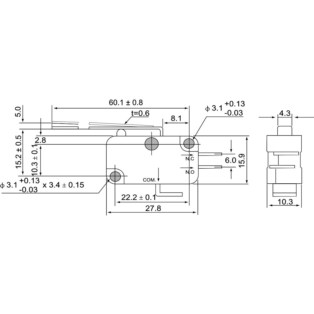 Tracon KW3-21 Helyzetkapcsoló,mikro,rugószáras 1×CO 10A/230VAC,0,3A/250VDC,52mm,6,3x0,8 mm,IP00 - Image 2
