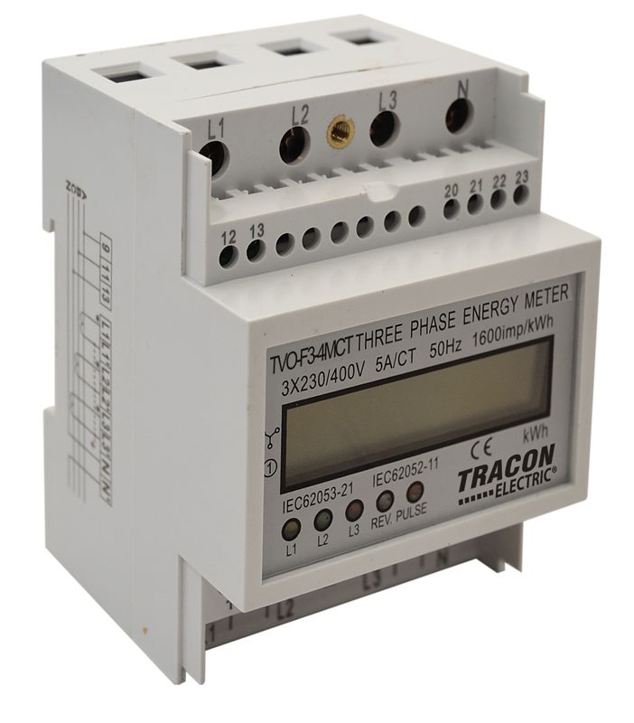 Tracon TVO-F3-4MCT LCD kijelzésű háromfázisú áramváltós fogyasztásmérő,4 modul 400V / 5 A CT Pd=3W