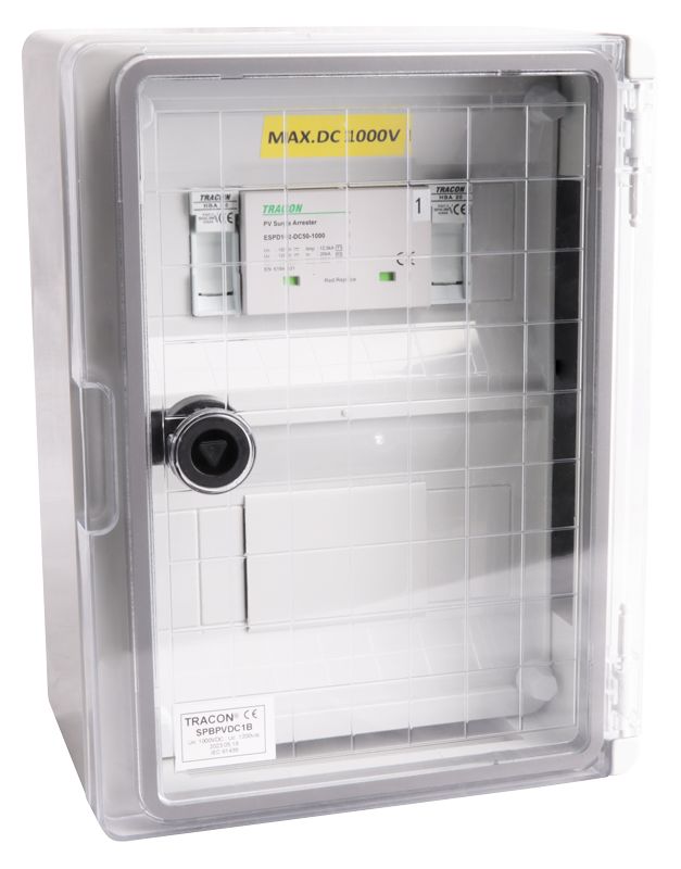 Tracon SPBPVDC1B Túlfeszültség-védelmi doboz fotovoltaikus rendszerekhez 280×210×130mm,IP65,DC1+2,Un=1000VDC