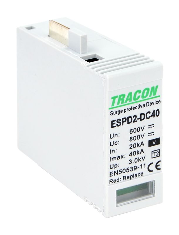 Tracon ESPD2-DC40-600VO T2 DC típusú V túlfeszültség levezető betét 600V Ucpv: 800V,In:20kA,Imax:40kA,Up:2,6kV,Var